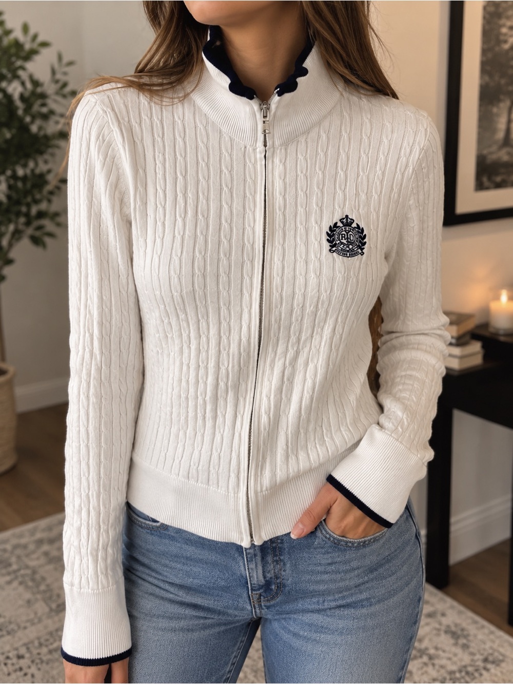 Ralph Lauren White Cable-Knit Zip Cardigan with Navy Crest Trim